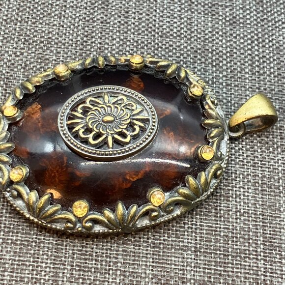 Vintage Bohemian Statement Pendant Amber Indian Tribal Brass Resin Rhinestone - Picture 5 of 7